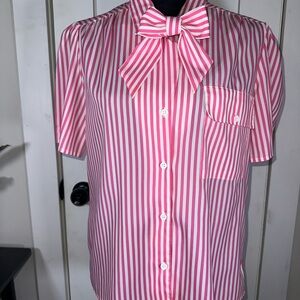 VINTAGE Pink and White Striped Blouse with Bow